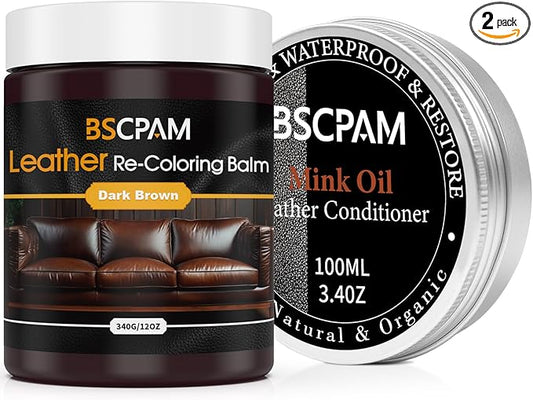 12oz Leather Recoloring Balm & 3.4oz Mink Oil Leather Conditioner kit,Dark Brown Leather Color Repair Kits for Couches, Leather Couch Paint Scratch Repair for Furniture Car Sofa Shoes Leather Dye