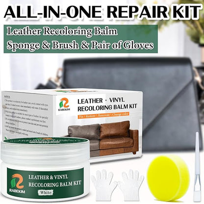 RABEKIM White Leather Repair Kit, Leather Recoloring Balm – Restore & Repair Faded Leather on Couches, Car Seats, Shoes & Furniture | Leather Color Restorer & Conditioner | Easy DIY Application