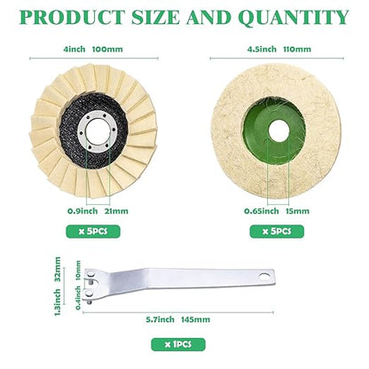 Yauhar 11Pcs Wool Buffing Polishing Wheel Set Contains 4-1/2 x 7/8 Inch Arbor Buffing Felt Flap Disc with Wrench and 4 Inch Buffer Polishing Pads for Angle Grinder