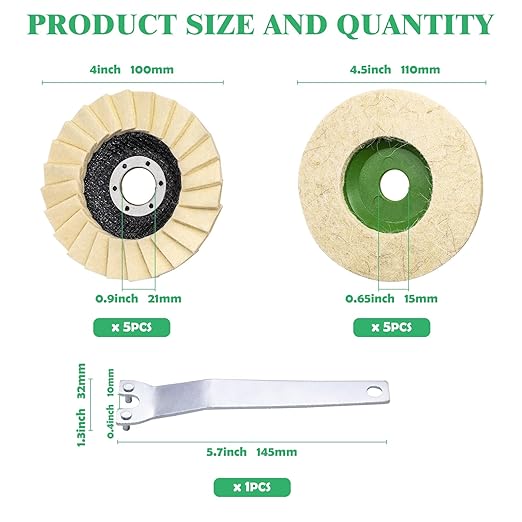 Yauhar 11Pcs Wool Buffing Polishing Wheel Set Contains 4-1/2 x 7/8 Inch Arbor Buffing Felt Flap Disc with Wrench and 4 Inch Buffer Polishing Pads for Angle Grinder
