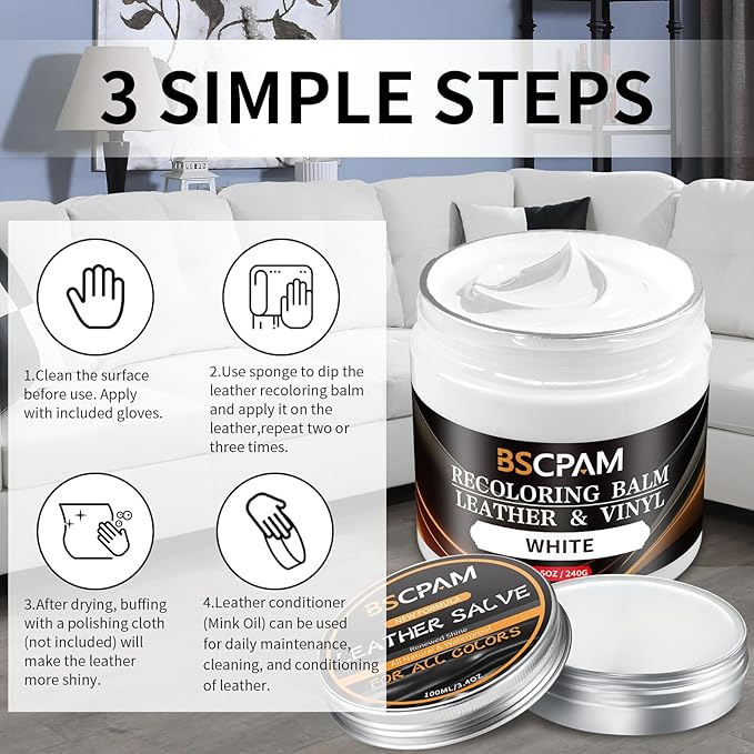 BSCPAM White Leather Recoloring Balm with 100ml Mink Oil,Leather Couch Scratch Remover,Leather Repair kit for Vinyl Furniture and Car Interior,Leather Dye Paint,Mink Oil for Leather