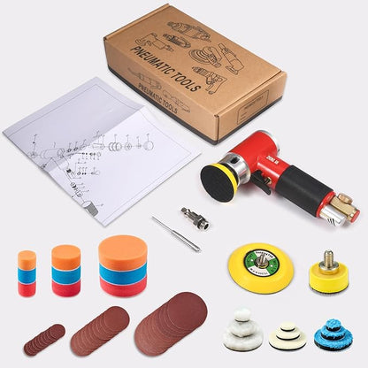 ZHONG AN 1'' 2'' 3'' Mini Orbital Sander da sander Air Dual Action Sander High Speed Pneumatic Mini Sanders Includes 18Pcs 1/2/3in Polishing Sponge & Wool Pads, 30Pcs Sandpapers (RED)
