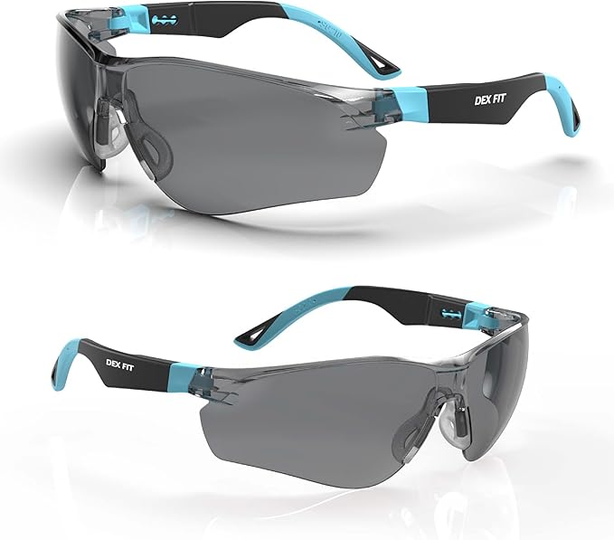DEX FIT Safety Sunglasses SG210, Z87 Eye Protection, Anti-Fog & Scratch Resistant, Adjustable for Women and Men, UV Protection (Black & Blue Frame, Tinted Lens)