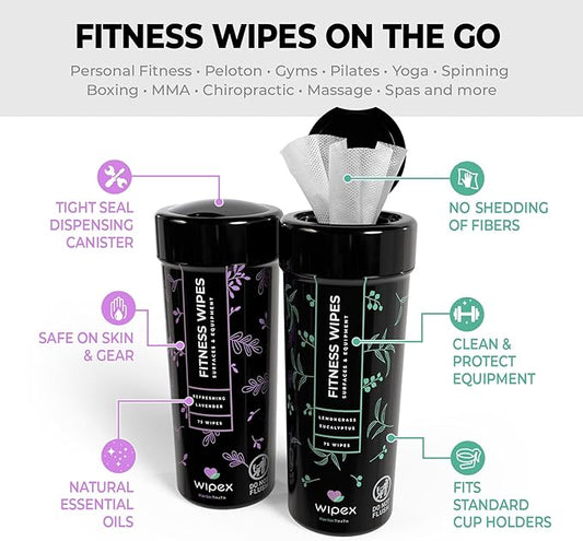 Wipex Screen Wipes & Gym Wipes Combo Pack - 75ct Gym Equipment Wipes Canister & 24ct Individually Wrapped Fitness Touch Screen Wipes, Safe for Yoga Mats & Electronics, Lemongrass Scent