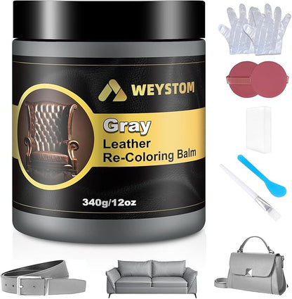 WEYSTOM Leather Recoloring Balm, 12oz Large Size Leather Dye, Color Restorer, Scratch Repair, Furniture & Couch Restorer Kit, Repair Kit for Furniture(Gray)