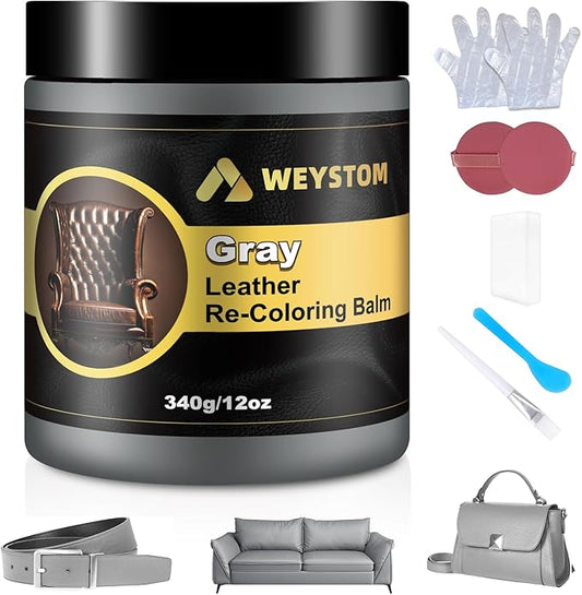 WEYSTOM Leather Recoloring Balm, 12oz Large Size Leather Dye, Color Restorer, Scratch Repair, Furniture & Couch Restorer Kit, Repair Kit for Furniture(Gray)