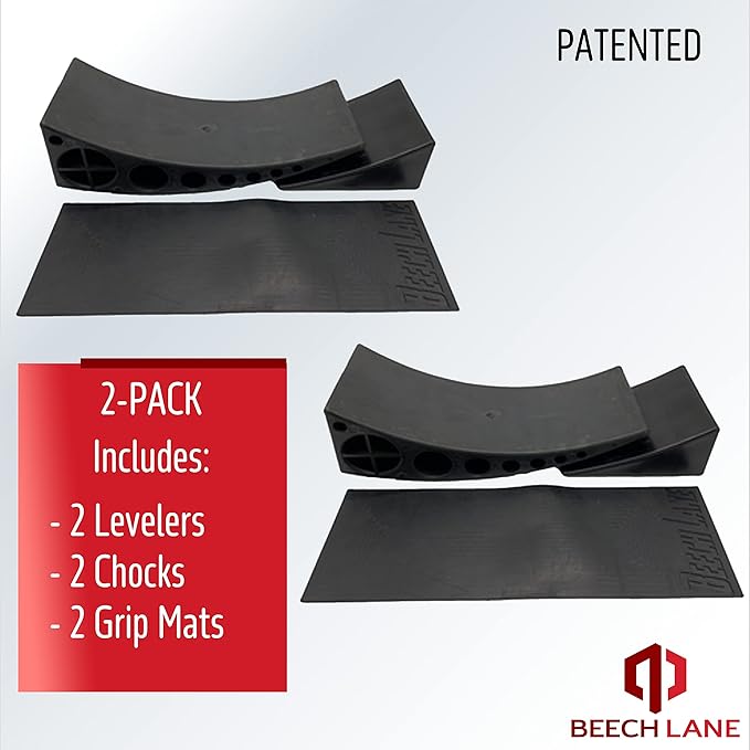 Beech Lane Camper Leveler 2 Pack - Precise Camper Leveling, Includes Two Curved Levelers, Two Chocks, and Two Rubber Grip Mats, Heavy Duty Leveler Works for Campers Up to 35,000 LBs, Patented