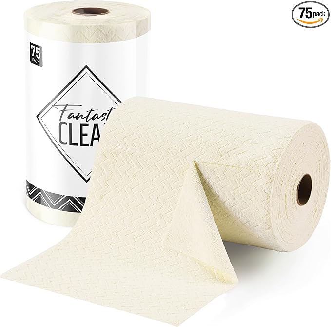 Fantasticlean Microfiber Cleaning Cloth Roll, 12" x 12"- 75 Sheets, Reusable Tear Away Microfiber Towels, Ultra Absorbent Dish Rags for Car, Home or Office (Beige Ripple)