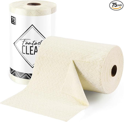 Fantasticlean Microfiber Cleaning Cloth Roll, 12" x 12"- 75 Sheets, Reusable Tear Away Microfiber Towels, Ultra Absorbent Dish Rags for Car, Home or Office (Beige Ripple)