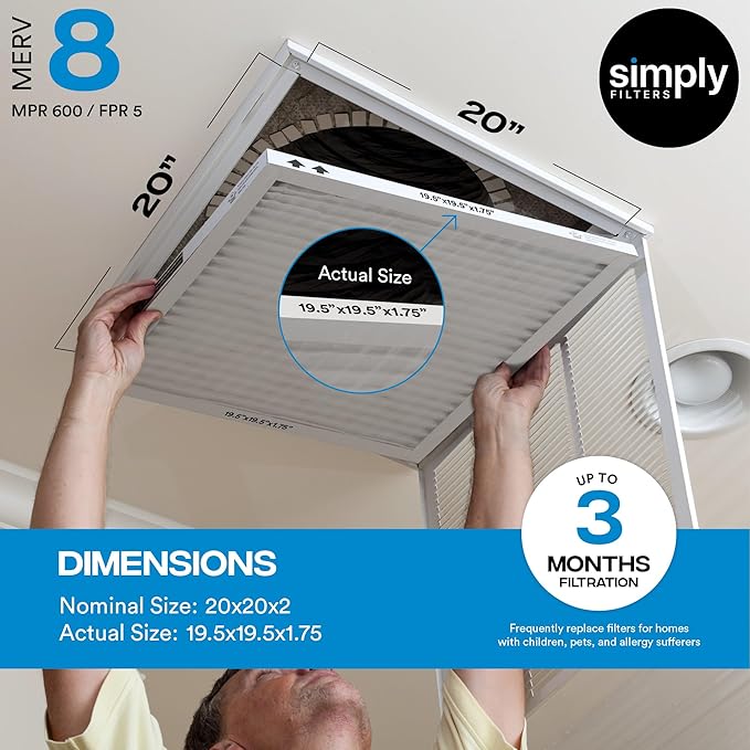 Simply 20x20x2 Air Filter, MERV 8, 6 Pack, Furnace Air Filter for HVAC (Actual Size:19.5"x19.5"x1.75") DUST, Pet, & Allergy Control