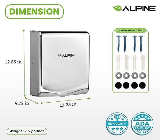 Alpine Commercial Hand Dryer with HEPA Filter, 8 Seconds Extreme Speed Electric Hand Dryer for Home Bathroom/Restaurant with Heat & Speed Control - ADA Compliant (120V Chrome)