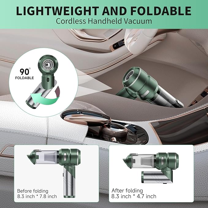 AQSFLA Car Vacuum Portable Cordless 22000PA High Power Handheld Mini Vacuum Cleaner Rechargeable Foldable with Brushless Motor Air Blower Duster Pump for Car Home Office Pet (Green)