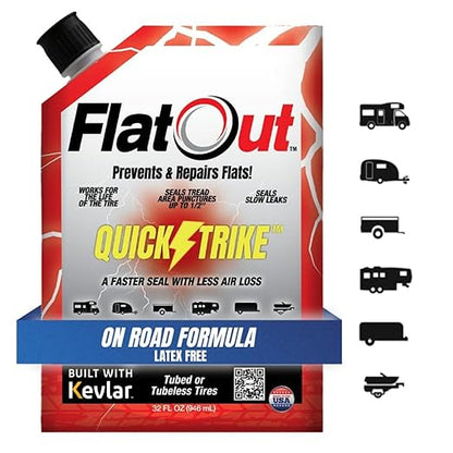 FlatOut QuickStrike Tire Sealant On Road Formula - Prevent Flat Tires, Seal Leaks, Contains Kevlar, 32-Ounce Bag