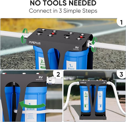 PUREPLUS RV Dual Stage Water Filter System with Two Cartridges and Mounting Bracket, NSF/ANSI 42 Certified, Reduces Sediment, Chlorine, Odors and More, Stainless Steel 3/4" Fittings