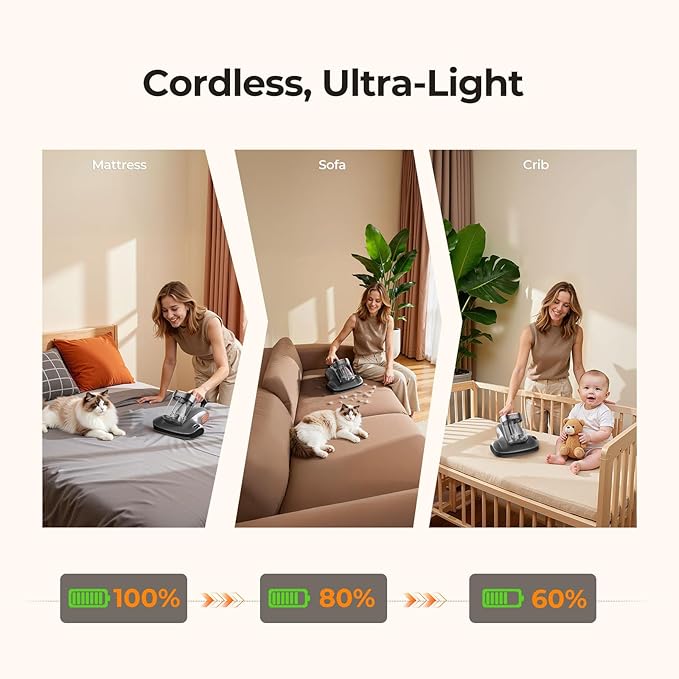 JIGOO Cordless Mattress Vacuum Cleaner with UV-C Light, Bed Vacuum Cleaner with Dust Sensor, Ultrasonic and High Heating, Deep Cleaning Bed Vacuum for Sofa Bed Fabric Surface (S100 Cordless)