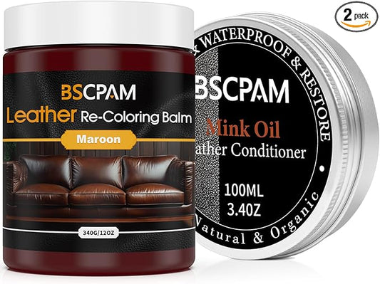 BSCPAM 12oz Leather Recoloring Balm & 3.4oz Mink Oil Leather Conditioner kit,Maroon Leather Color Repair Kits for Couches, Leather Couch Paint Scratch Repair for Furniture Car Sofa Shoes Leather Dye