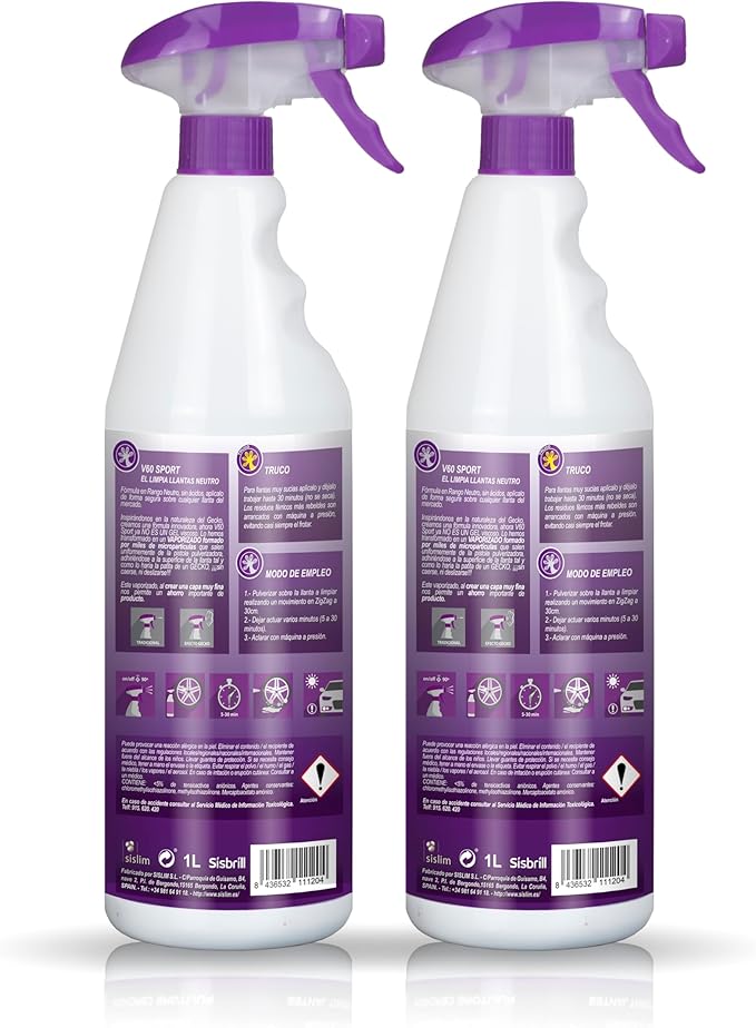 Sisbrill V60 Sport Wheel and Tire Cleaner Spray – pH Neutral Car Wheel Cleaner, Gecko Spray Effect, Safe Brake Dust Remover – Pack of 2 (33 fl oz each)