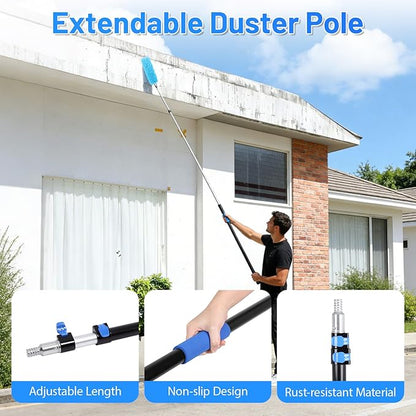 FAHKNS 20 Foot High Ceiling Fan Duster, Heavy Duty High Reach Duster Kit for Cleaning, Spider Web Brush, Washable Dust Brush for High Roof and Glass Surfaces (with 5-12ft Extension Pole)