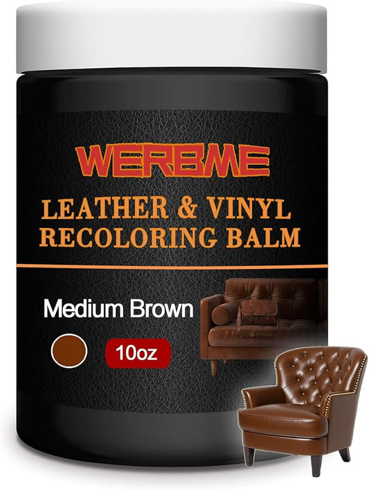 WERBME Leather Recoloring Balm & Color Restorer - 10OZ Multipurpose Dye & Paint for Faded Leather Couches, Car Seats, Shoes | Fix Scratches on Clothing, Furniture & Accessories(Medium Brown)