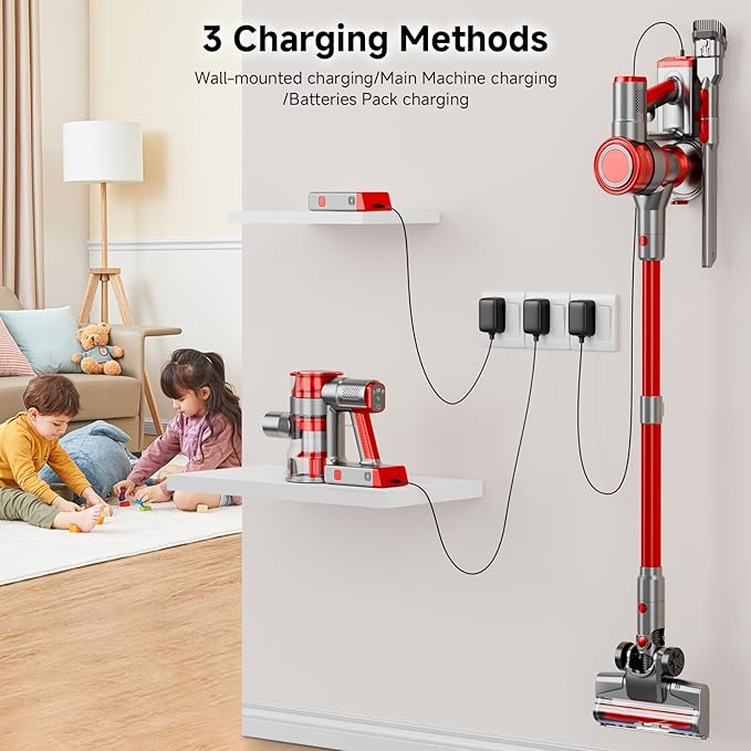 fenhua Cordless Vacuum Cleaner, Powerful Stick Vacuum Cleaner for Home with Rechargeable Battery, 6-in-1 Lightweight Handheld Vacuum, 45 Mins Runtime for Hardfloor & Carpets Pet Hair (red)