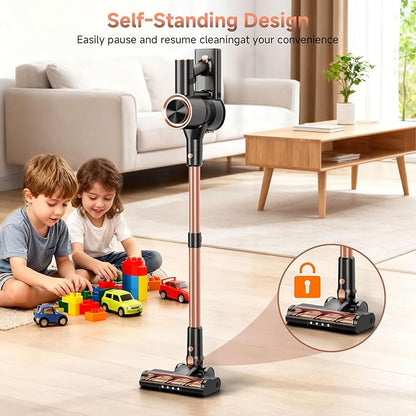 Shieal Cordless Stick Vacuum Cleaner - 45KPA Powerful Suction Vacuum with 45 Min Runtime, Detachable Battery, Anti-Tangle & 1.5L Dust Cup, 8 in 1 Vacuum Cleaner for Pet Hair, Carpet, HardFloor, Pink