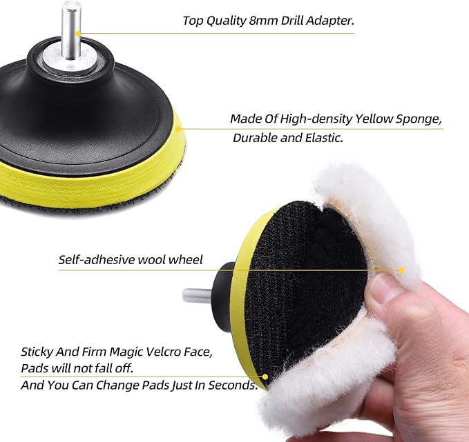 Wool Cutting Pad, Wool Buffing Polishing Pad Set, SPTA 7Pcs 3Inch (80mm) Buffing Wheel for Drill Lambs Wool Hook and Loop for Compound Cutting & Polishing for Car Polisher