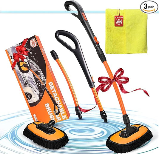 RIDE KINGS Car Wash Brush, Car Duster Exterior Scratch Free 180°Adjustable,Truck Cleaning Supplies with Ergonomic 15°Curved Extentable Pole Handle, Car Washing Equipment - Orange