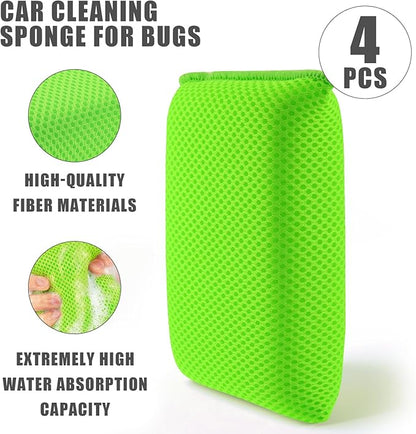 4 PCS Bug Scrubber Sponge Car, Bug Remover Wash Sponge，Car Cleaning Sponge for Bugs, Tar, Grime - Paint-Safe, Reusable Wash Sponges Kit(Green)