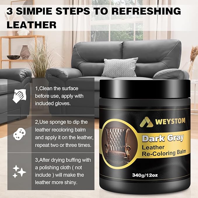 WEYSTOM Leather Recoloring Balm, 12oz Large Size Leather Dye, Color Restorer, Scratch Repair, Furniture & Couch Restorer Kit, Repair Kit for Furniture(Dark Gray)