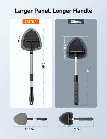 AstroAI Windshield Cleaner Tool, Car Interior Detailing Cleaning Kit with Extendable Handle and 4 Upgraded High-Density Reusable Microfiber Pads, Auto Glass Wiper Brush Kit for Cars, Gray, 15.9in-21in