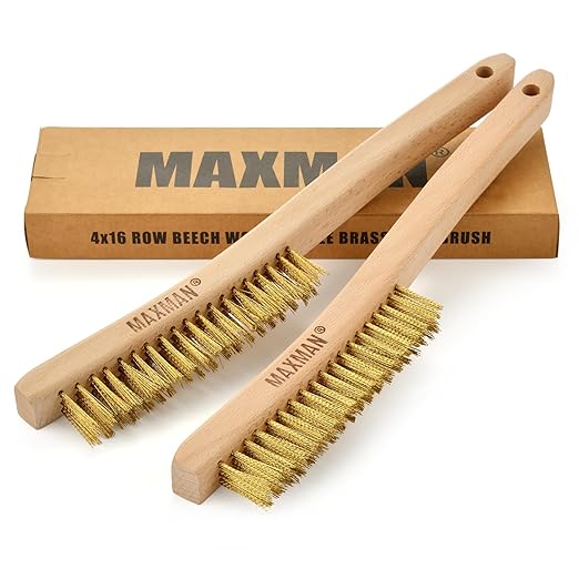 MAXMAN Brass Brush, Soft Brass Bristle, Wire Brushes for Cleaning Metal Rust, Welds, Wire Brush with 14" Beechwood Handle, Large, 2 Pcs