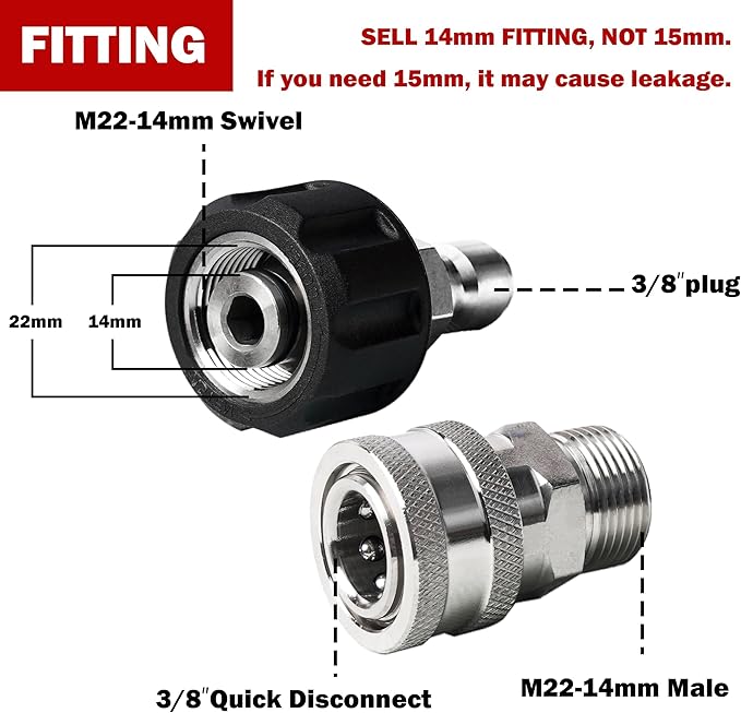 Pressure Washer Quick Connect Kit, Stainless Steel Quick Disconnect Kit, M22 Metric Male Thread Quick Connector, M22 14mm Swivel to 3/8" Quick Connect, 3/4" to Quick Release, 8 Pack
