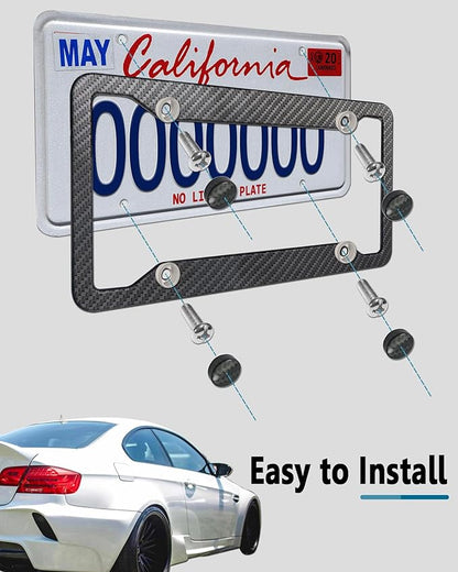 Carbon Fiber License Plate Frames- 2 Pack Black Aluminum Front & Rear Auto Car Tag Holder, Heavy Duty Bracket with Mount Hardware, Screws Caps, Rattle Proof Pads (Carbon Pattern