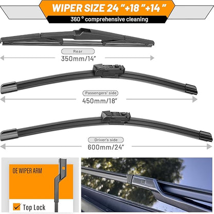 AUTOBOO 24"+18" Windshield Wipers with 14" Rear Wiper Blade Replacement for Mazda CX-5 CX-9 CX5 CX9 2017 2018 2019 2020 2021 2022 2023 2024 2025-Original Factory Quality (Pack of 3)