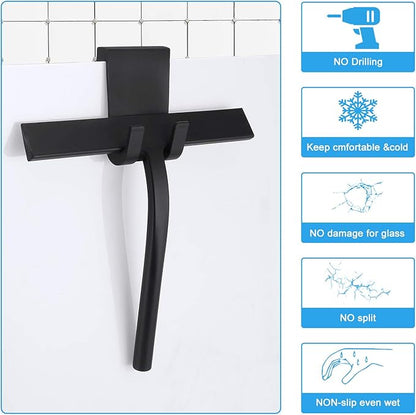 Anlynwooh All -Purpose Silicone Shower Squeegee for Shower Glass Door with Hook, Bathroom Accessories for Window Mirror Tile Car Shower Walls,Household Shower Cleaner Tool (Black, 9 inch(1 Hook)