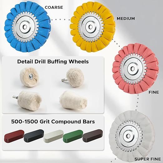 13PCS 8" Airway Buffing Wheel Kit,16-Layer S-Shape Aluminum Metal Polishing Wheel, 5/8" Arbor, 5 Compounds & 4 Detail Wheels for Semi Truck Wheels, Fuel Tanks, Bumpers, Steps & Diamond Plates