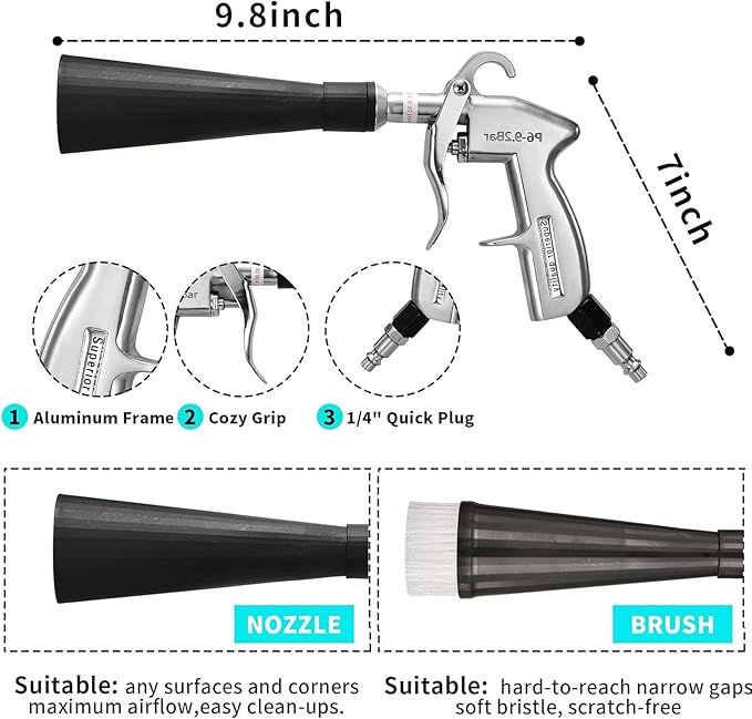 GOCCIDA Car Cleaning Gun Detailing Interior Dryer Air Blow Gun with 2 Set Nozzle,Car Detailing Kits Interior Cleaner for Vehicle Upholstery Carpet Seat Works with Air Compressor