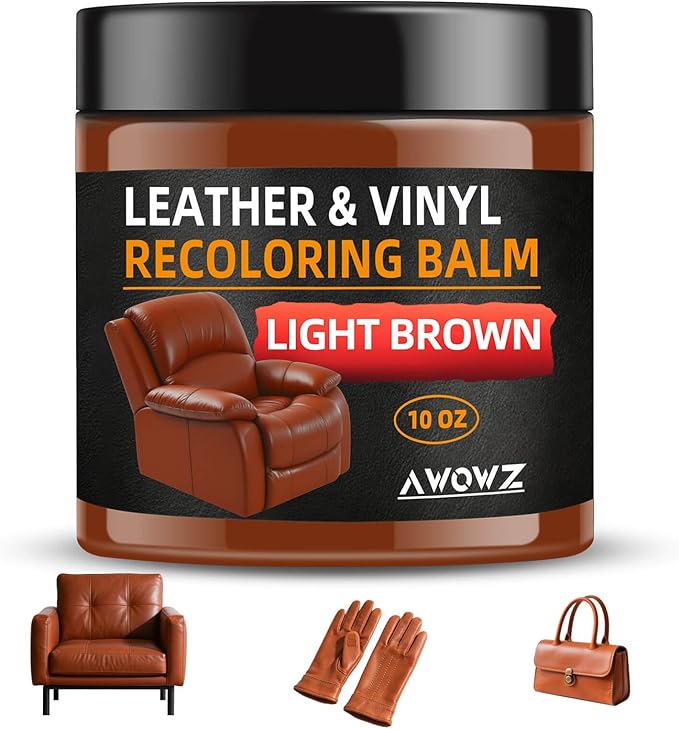 AWOWZ Leather Recoloring Balm - Scratch Repair & Color Restore Kit for Faded Leather, Couch & Car Seats - 10OZ Leather Restorer Balm for Furniture, Auto Interior, Vinyl, Accessories (Light Brown-Tan)