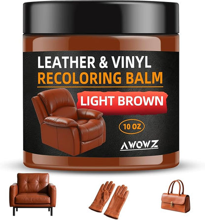 AWOWZ Leather Recoloring Balm - Scratch Repair & Color Restore Kit for Faded Leather, Couch & Car Seats - 10OZ Leather Restorer Balm for Furniture, Auto Interior, Vinyl, Accessories (Light Brown-Tan)