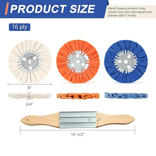 QZATTCAEN Airway Buffing Wheel Kit 7 PCs (2 White, 2 Orange, 2 Blue, 1 Rake) 8" Diameter 5/8" Arbor Hole 16 Ply for Angle Grinder