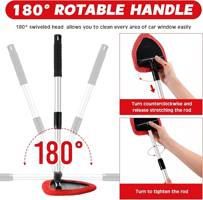 Baderke 10 Pcs Windshield Cleaner Tool Car Window Cleaning Supplies with Extendable Handle Include 6 Washable Microfiber Bonnets 2 Empty 60ml Spray Bottle Glass Wiper Kit(Red)