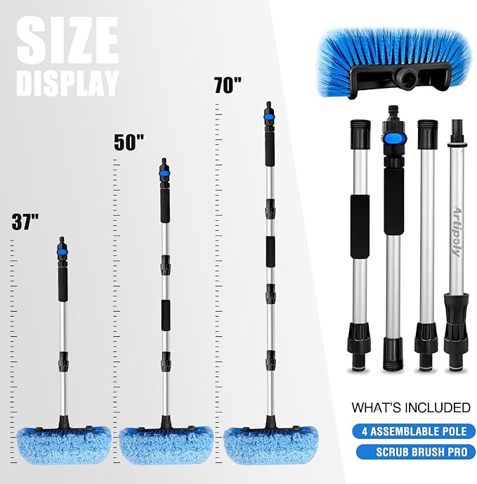 72" Car Wash Brush with Long Handle, Flow-Thru Soft Bristle Car Washing Brush with Extendable Handle and Hose Attachment and On/Off Switch for Car, RV, SUV, Truck, Boat, House Siding（Blue）