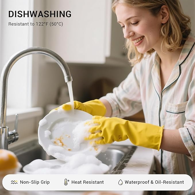 MNOPQ 6 Pairs Rubber Cleaning Gloves,Reusable Dishwashing Gloves,Household Dish Gloves for Washing,Cleaning,Kitchen,Painting, Gardening, Pet Care,Extra Thickness,Non-Slip,13", 20 Mil, Latex, S