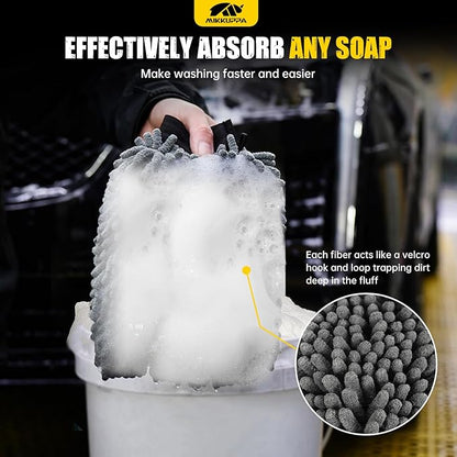 MIKKUPPA Car Wash Mitt Microfiber - Double-Sided Chenille Scratch Free Mitt with Waterproof Inner for Car Washing Home Cleaning (Gray, 2Pack, 10'' x 7'')