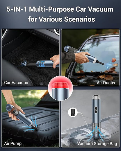 Handheld Vacuum, Powerful 18000pa Car Vacuum with Brushless Motor, Portable Hand Held Vacuum with 3 Speed Modes, 5- in-1 Mini Cordless Vacuum Cleaner with White LED & Red Flash for home/Car/Office