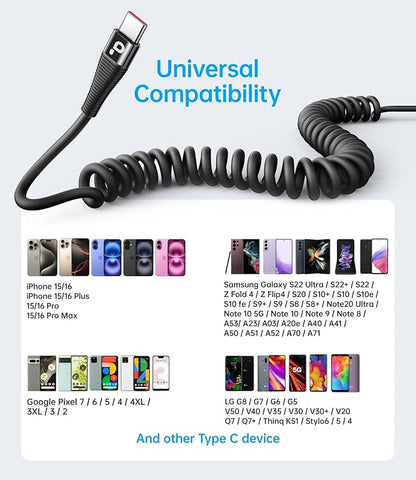 PRAKIE Coiled USB C Cable Fast Charging for Car 3FT/5FT, USB A to USB C Cable, Type C Charge Cord USB-C Charging Cable Compatible with iPhone 17/16/15/Samsung Galaxy S20 and More USB C Devices-Black