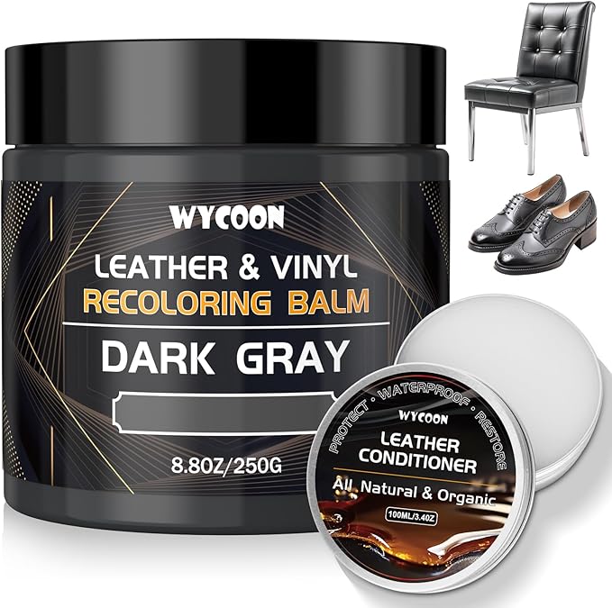 WYCOON Leather Recoloring Balm with 100ml Mink Oil Conditioner | Dark Gray Repair Kit, Dye & Color Restorer for Furniture, Sofa, Car Seats, Bags | Restore Faded & Scratched Surfaces