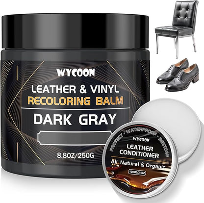WYCOON Leather Recoloring Balm with 100ml Mink Oil Conditioner | Dark Gray Repair Kit, Dye & Color Restorer for Furniture, Sofa, Car Seats, Bags | Restore Faded & Scratched Surfaces