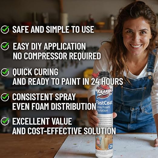 Kraken Bond Fastcoat Fire Rated Spray Foam Insulation (24x27.1 oz.) (R-Value 11.32 / 2in) Closed Cell Expanding Foam - Heat and Acoustic Insulation, Gun & Cleaner Not Includes, 480 Board Ft, 24 Pack