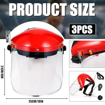 Copkim 3 Pack Safety Face Mask Shield for Grinding Clear Full Face Impact Resistant Safety PET Full Impact Resistant Mask Shield for Work Construction Cutting (Clear PET,Red)